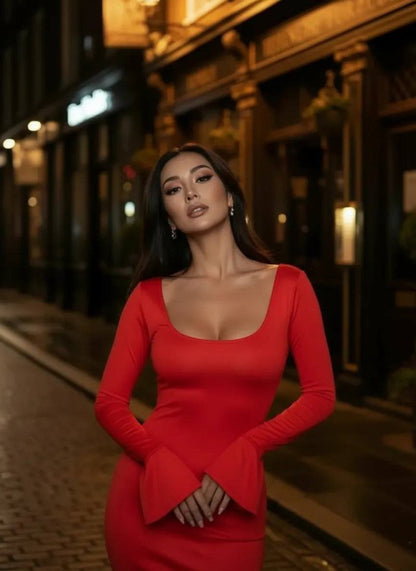 Kadın Uzun Kollu Kare Yaka Volanlı Manşet Detay Maxi Boy Elbise