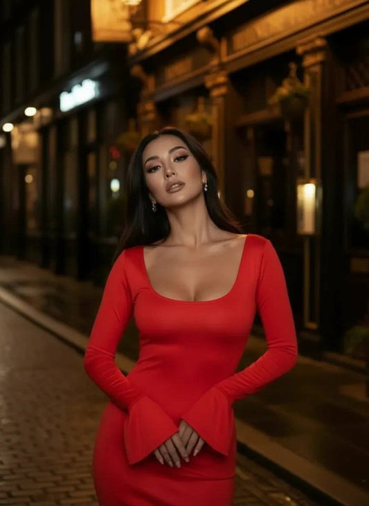 Kadın Uzun Kollu Kare Yaka Volanlı Manşet Detay Maxi Boy Elbise