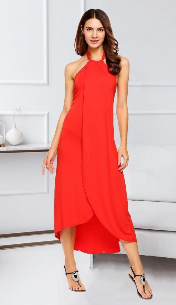 Boyun Askılı Eteği Kruvaze Kesim Viskon Kumaş Elbise