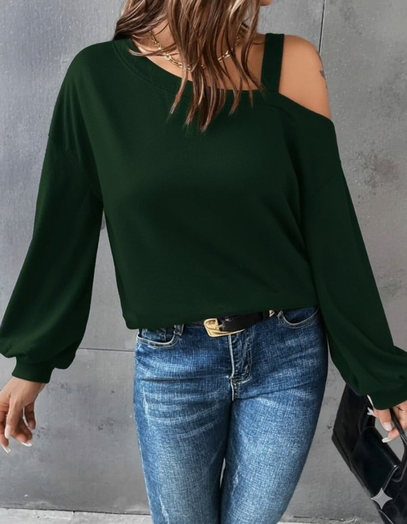 Kadın Uzun Kollu Tek Omuz Askı Detay Salaş Viskon Iki Iplik Bluz