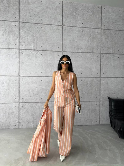 ÇİZGİLİ CEKET KETEN - Orange