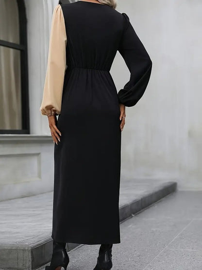 Kadın Uzun Kollu Kruvaze Yakalı Belden çapraz Detaylı çift Renkli Midi Ithal Krep Elbise