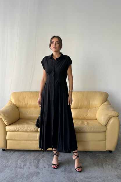 KOLSUZ VATKALI ÖNDEN DÜĞMELİBEL PENS DETAYLI POPLİN ELBİSE - Siyah