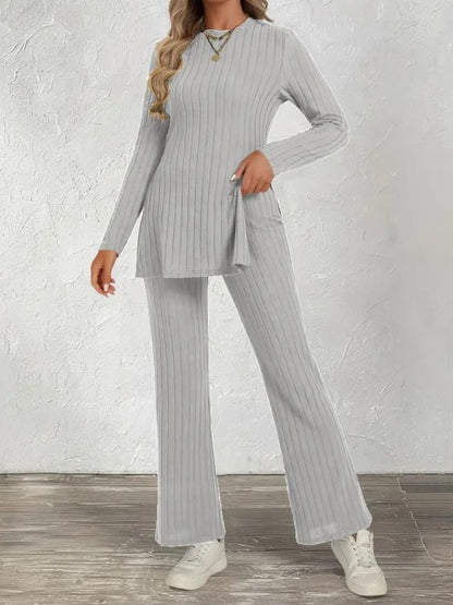 Kadın Uzun Kollu Bisiklet Yaka Yandan Yırtmaçlı şardonlu Kaşkorse Bluz Ve Pantolon Ikili Takım