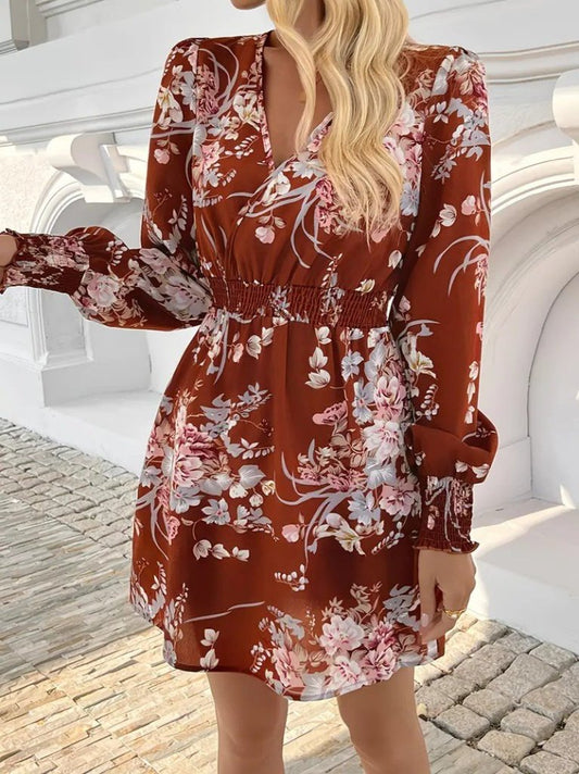Kadın Uzun Kollu Kruvaze Yakalı çiçek Desenli Mini Süprem Elbise