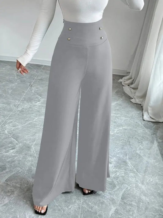 Kadın Yüksek Bel Düğmeli Geniş Paçalı Ithal Krep Pantolon
