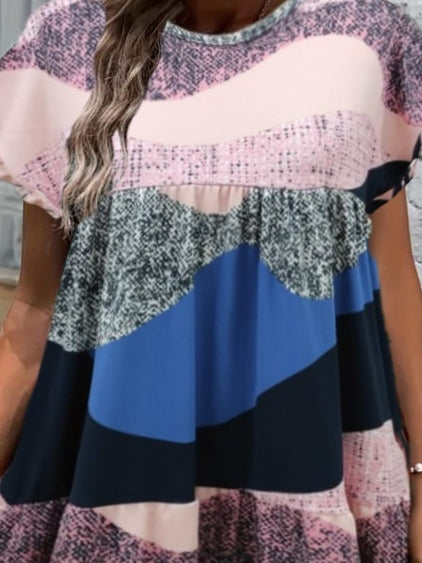 Kadın Kısa Kollu Bisiklet Yaka Kare Desenli Dalgıç Elbise