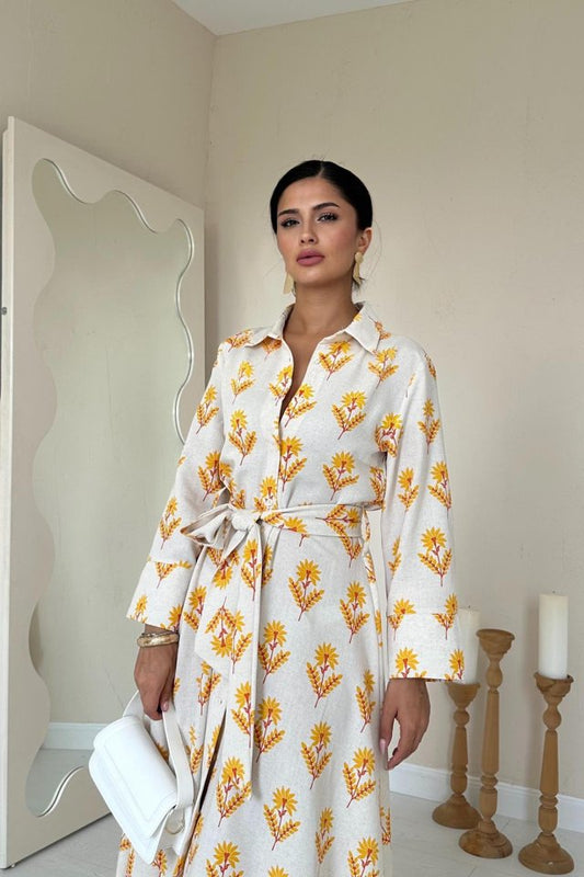 Bej Desenli Ve Önü Düğmeli Keten Elbise