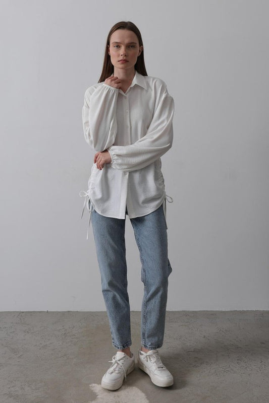 Biye Detaylı Ayrobin Gömlek - Beyaz