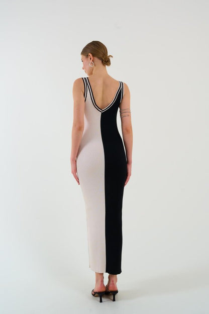 İki Renki Kolsuz Elbise - Siyah-Krem