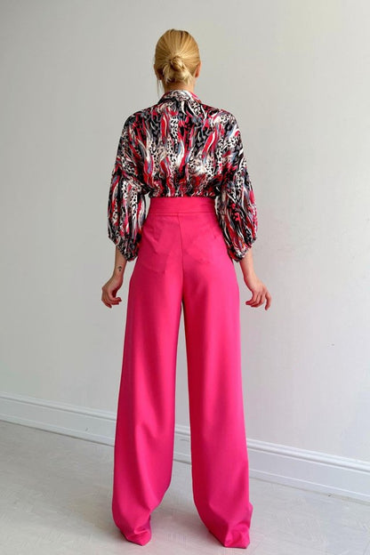 Beli Lastikli Saten Gömlek - Fuşya