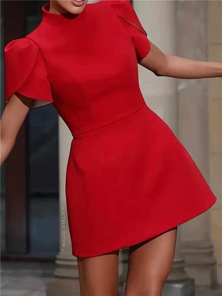 Kadın Kısa Kollu Balıkçı Yaka Arkadan Kelebek Dekolte Detaylı Kısa Atlas Elbise