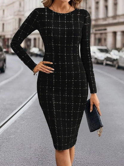 Kadın Uzun Kollu Yuvarlak Yaka Mini Dokuma Elbise