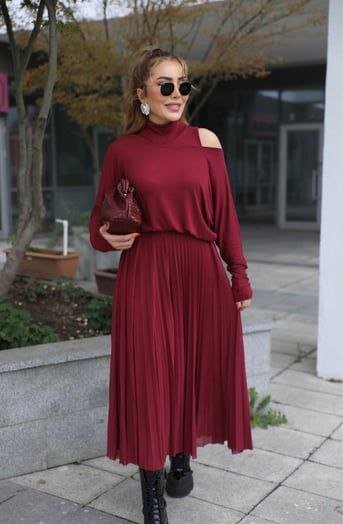 Kadın Triko Plise Ve Tül Detay Iki Parça Elbise