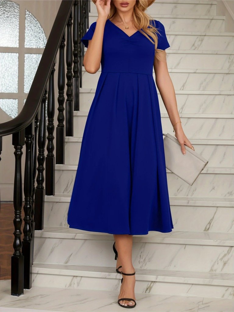 Kadın Kısa Kollu V Yakalı önden Pileli Midi Janjan Krep Elbise