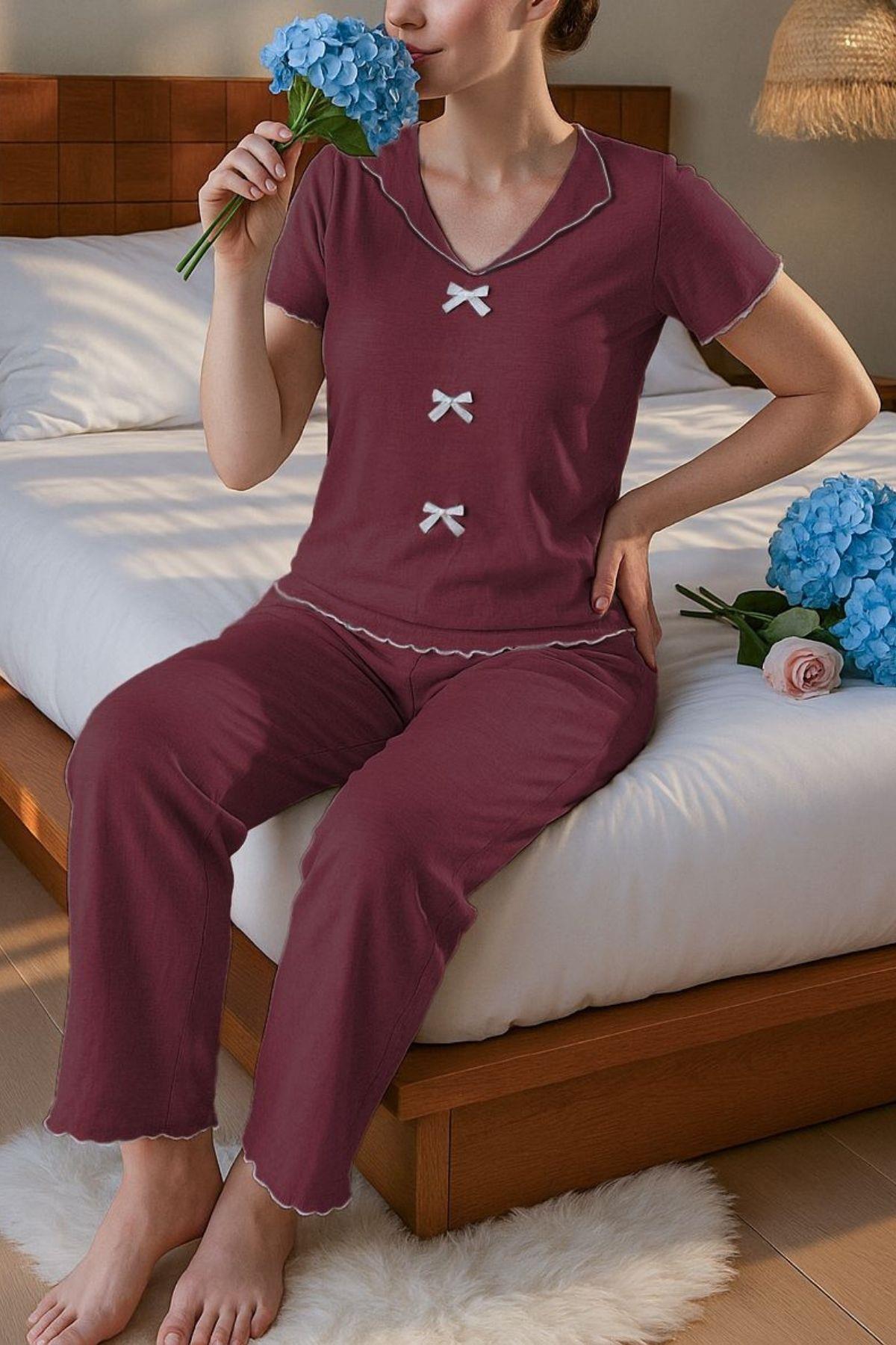 Bordo Kısa Kollu Fiyonk Detaylı Pamuklu Pijama Takımı 7349