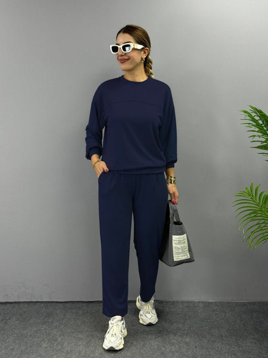 Kadın Uzun Kollu Bisiklet Yaka Viskon Iki Iplik Bluz Ve Pantolon Ikili Takım