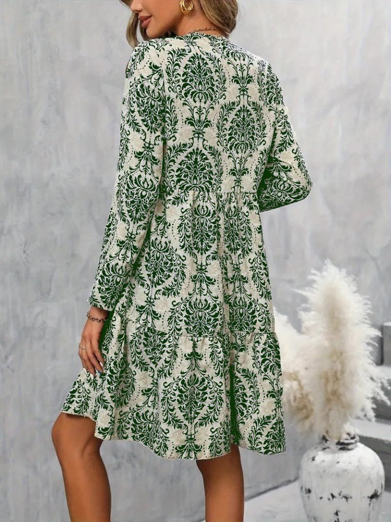 Kadın Uzun Kollu V Yakalı Fırfırlı Mini Süprem Elbise