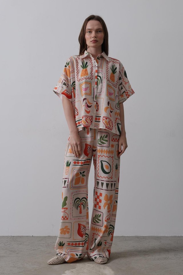 Baskılı Kısa Kol Pantolon Takım - Taş-Oranj