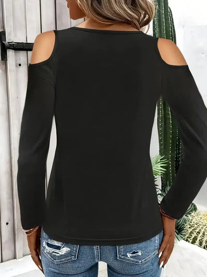 Kadın Omuzlardan Açık Uzun Kollu Yakadan Halka şerit Detaylı Viskon Bluz