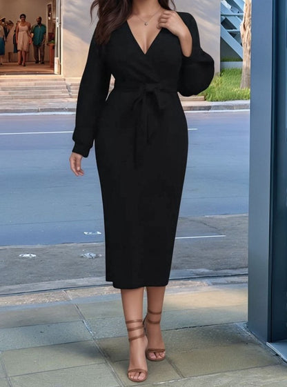Kadın Uzun Kollu Kruvaze Yaka Belden Kuşaklı Midi Ithal Krep Elbise