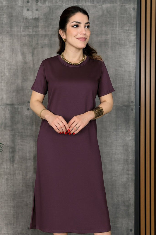 Kadın Kısa Kollu Bisiklet Yaka Yırtmaçlı Viskon Iki Iplik Elbise