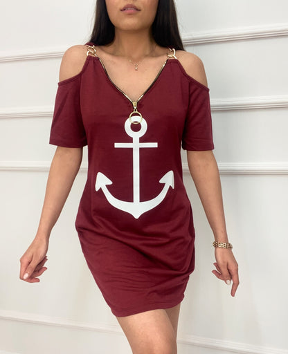 Fermuar Detay çıpa Baskılı Zincir Askılı Iki Iplik Elbise - Bordo