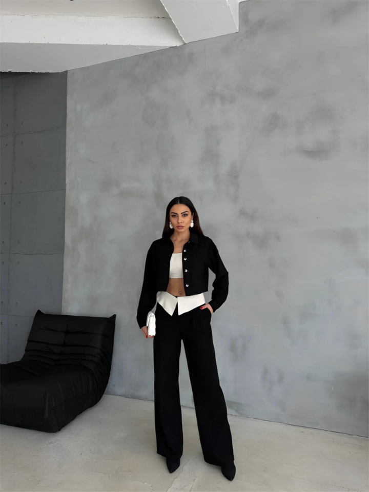 KETEN GÖMLEK-CROP-SALAŞ PANTOLON TAKIM - Siyah