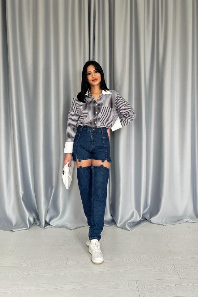 Mavi Askılı İki Parça Jeans Pantolon