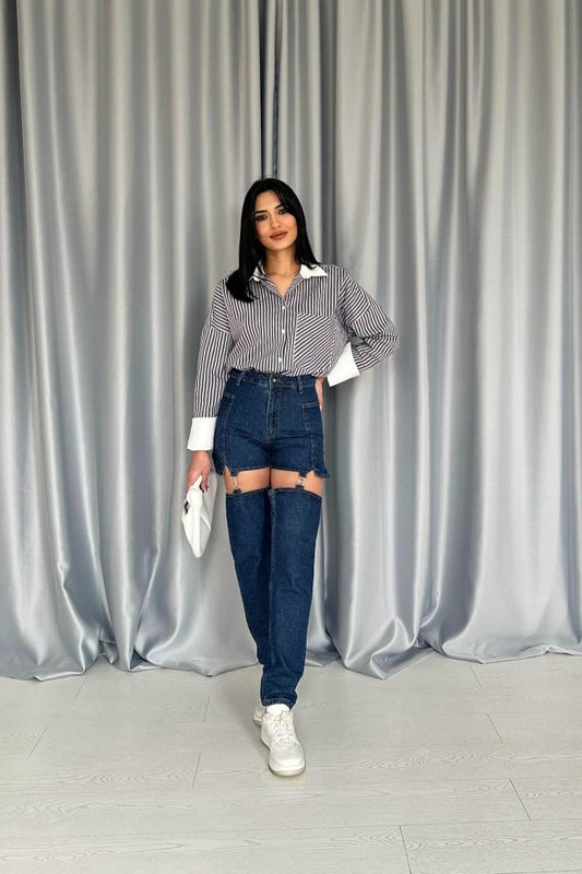 Mavi Askılı İki Parça Jeans Pantolon