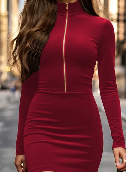 Kadın Uzun Kollu Balıkçı Yaka Yakadan Göğüse Kadar Fermuar Detaylı Mini Kadife Elbise