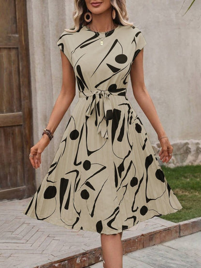 Kadın Kısa Yarasa Kollu Yuvarlak Yaka Beli Büzgülü Süprem Elbise