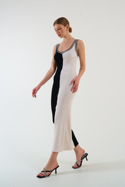 İki Renki Kolsuz Elbise - Siyah-Krem