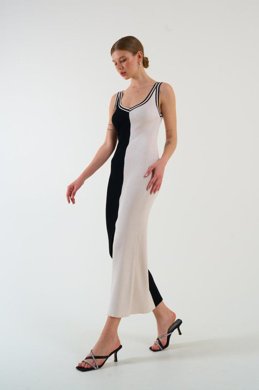 İki Renki Kolsuz Elbise - Siyah-Krem