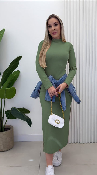 Kadın Uzun Kollu Balıkçı Yakalı Yanlardan Yırtmaçlı Kaşkorse Maxi Elbise