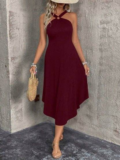 Kadın Boyundan çapraz Askılı Halka Detaylı Asimetrik Kesim Viskon Elbise