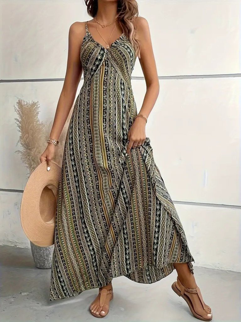 Kadın Ip Askılı Sırttan çapraz Detaylı Yırtmaçlı Desenli Süprem Elbise