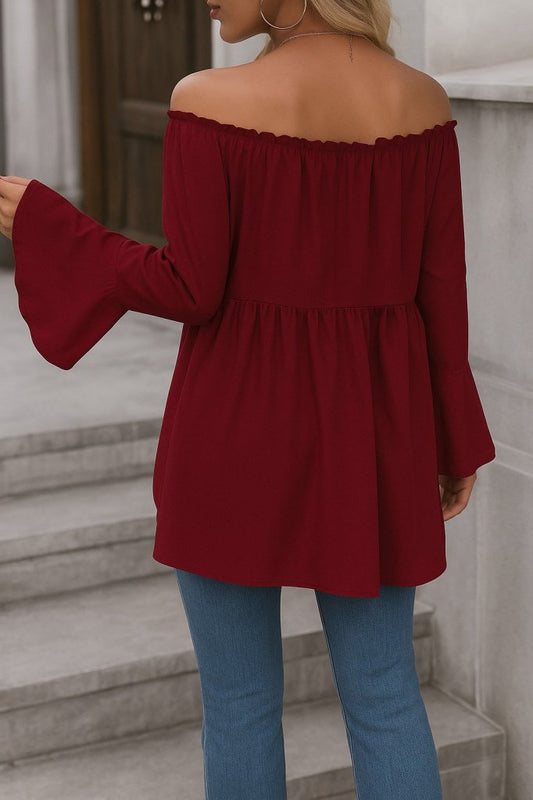 Kadın Uzun Kollu Madonna Yaka Asimetrik Detaylı Kolları Ispanyol Viskon Bluz