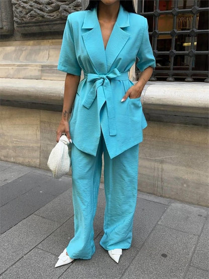 KISA KOL BAĞLAMA DETAYLI CEKET-PANTOLON TAKIM - Mavi