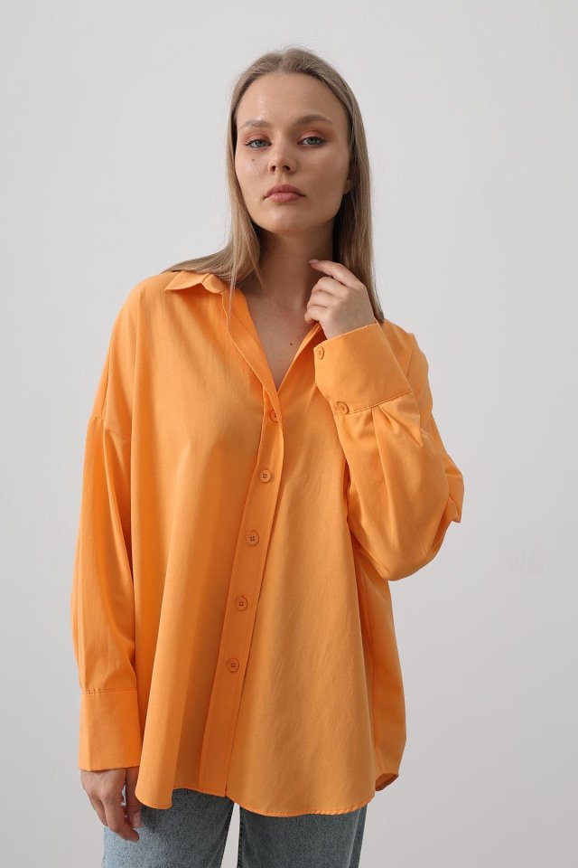 Geniş Manşet Detaylı Gömlek - Kavun