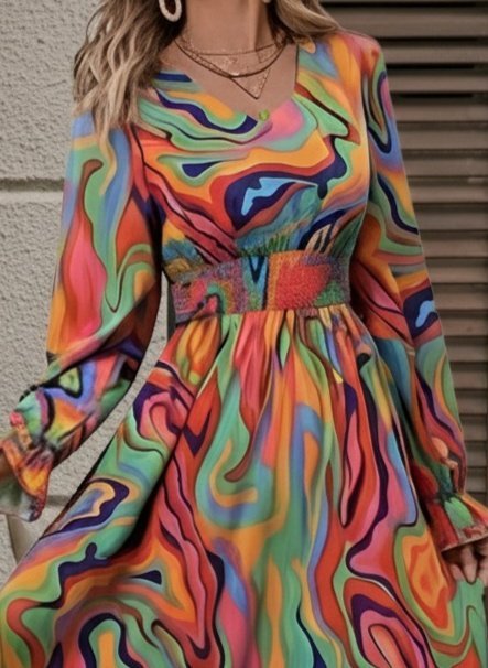 Kadın Uzun Kollu V Yakalı Desenli Maxi Süprem Elbise