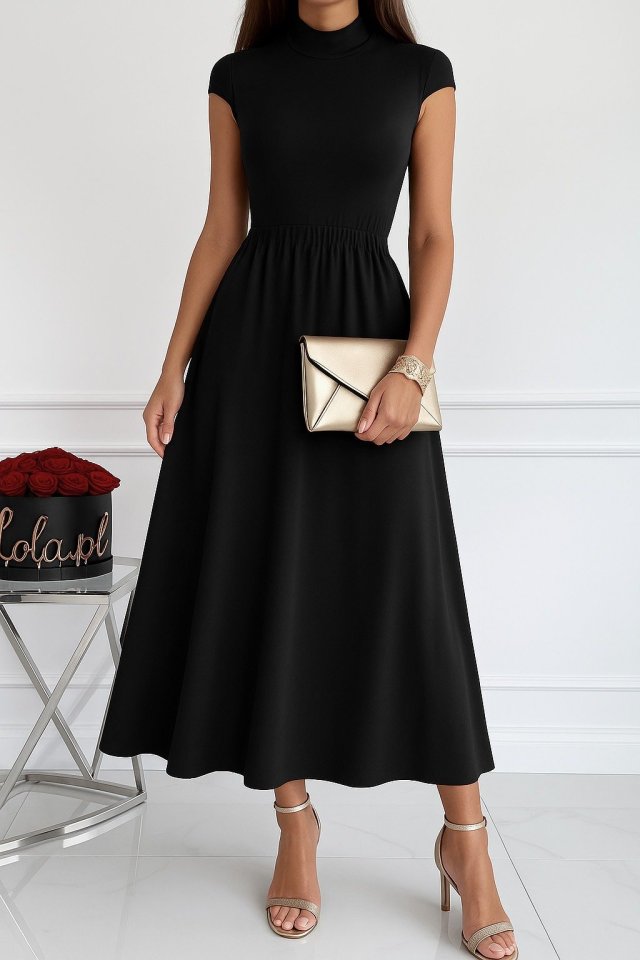 Kadın Kısa Kollu Yarı Balıkçı Yaka Viskon Elbise