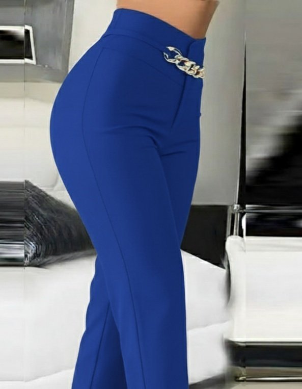 Kadın Yüksek Bel önden Zincir Detaylı Ithal Krep Pantolon