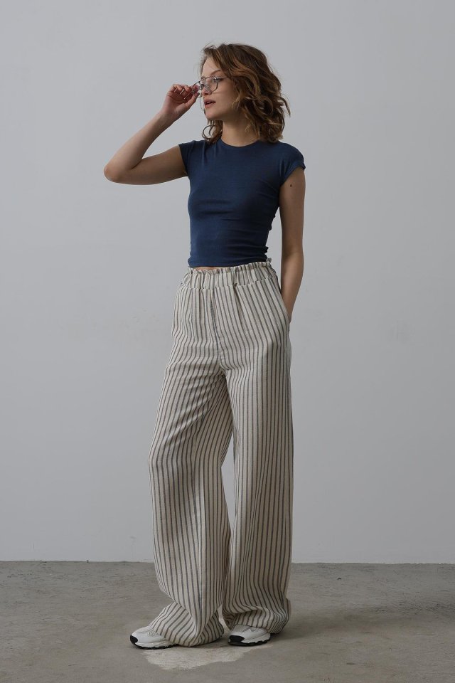 Çizgili Pamuklu Lastikli Pantolon - Bej-Lacivert