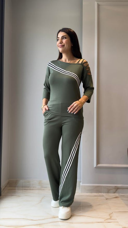 Kadın Uzun Kollu Truvakar Kol Tek Omuz çapraz şerit Detaylı Ribanalı Viskon Iki Iplik Bluz Ve Pantolon Ikili Takım