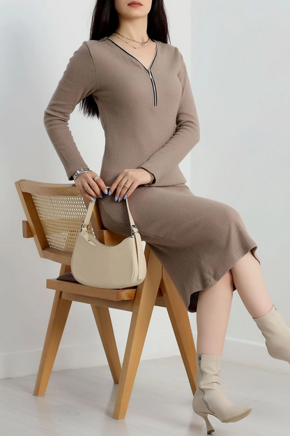 Fermuar detaylı fitilli şardonlu elbise bej a3178