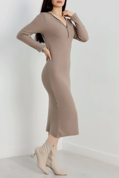 Fermuar detaylı fitilli şardonlu elbise bej a3178