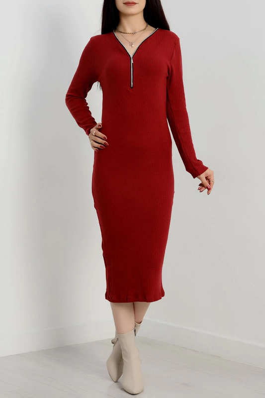 Fermuar detaylı fitilli şardonlu elbise bordo a3178