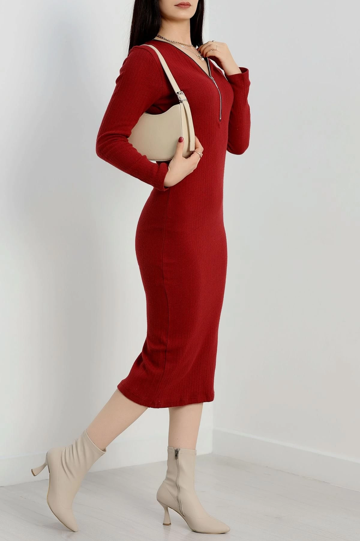 Fermuar detaylı fitilli şardonlu elbise bordo a3178