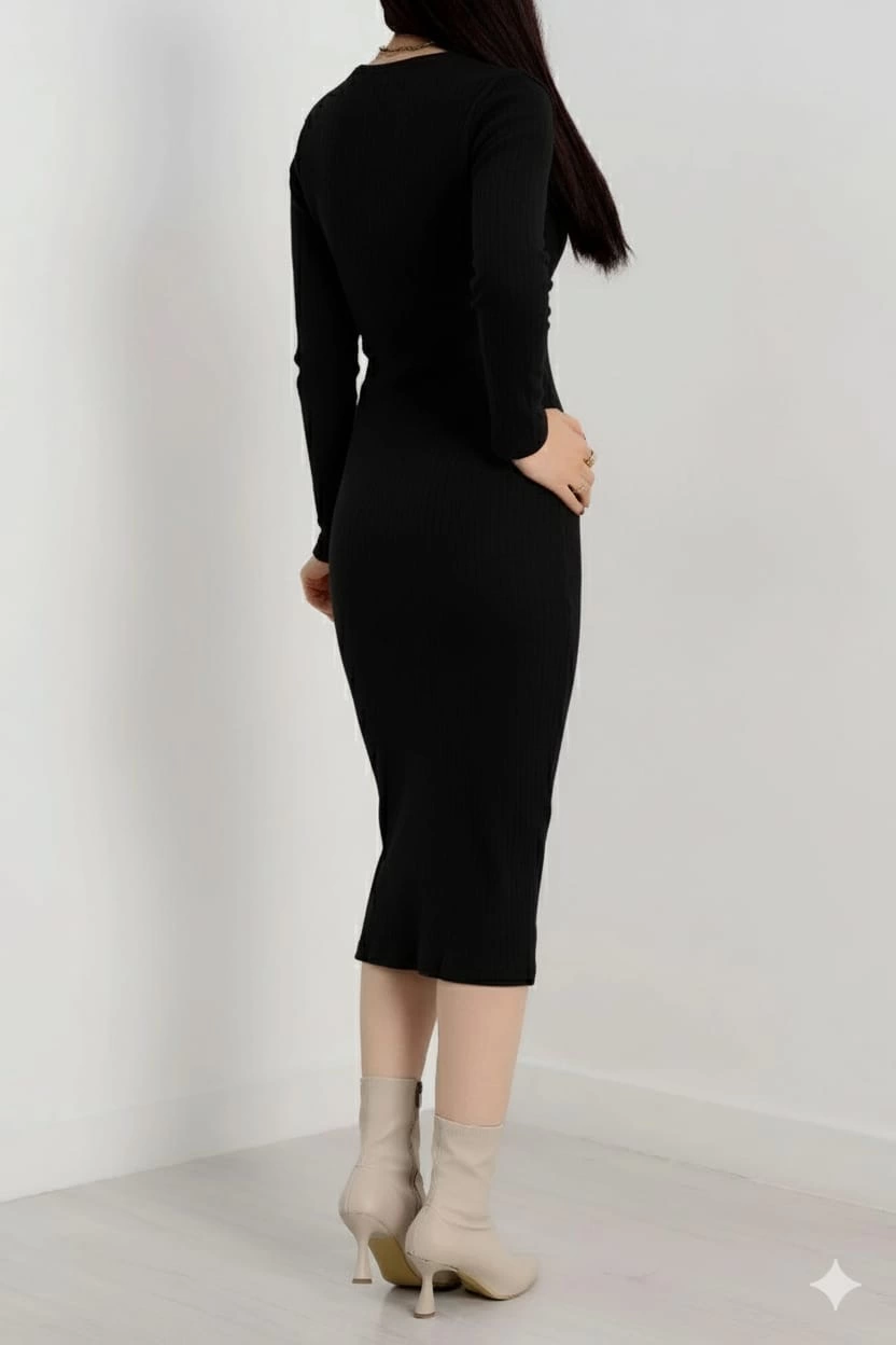 Fermuar detaylı fitilli şardonlu elbise siyah a3178